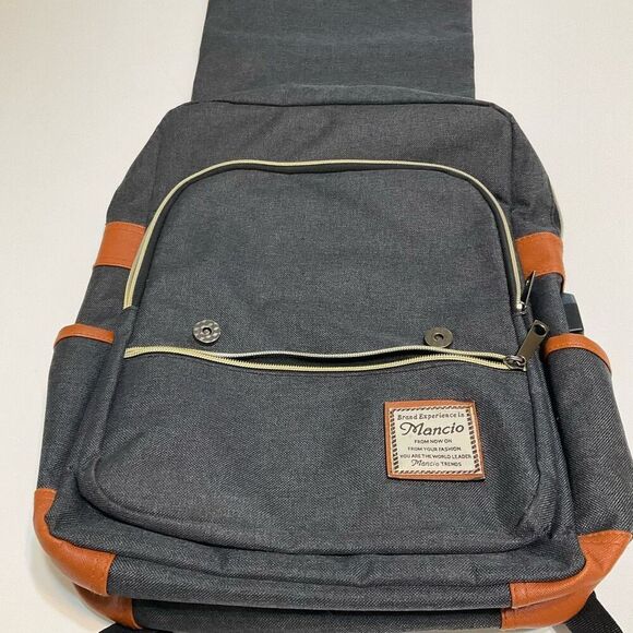 Mancio Vintage Laptop Backpack. Grey Black. NWOT. USB Port back to school travel - Picture 5 of 10